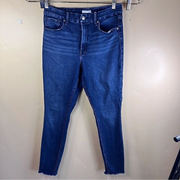 Good American Womens Tapered Leg Denim Jean Distressed Hem‎ Dark Wash Size 12/31 - Picture 1 of 9